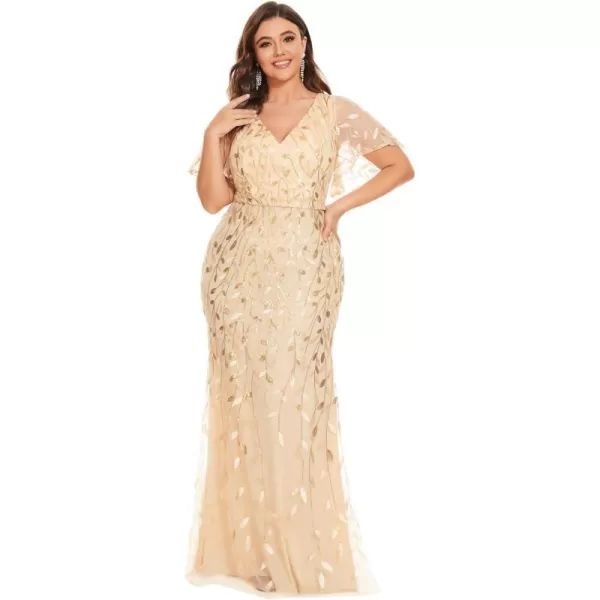 EverPretty Womens Gorgeous VNeck Sparkly Embroidery Plus Size Sequin Evening Dress 0692PZUSAGold