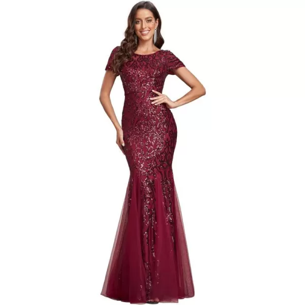 EverPretty Womens Grogeous Round Neckline Sequin Bodycon Mermaid Evening Dress with Sleeves 01808Burgundy