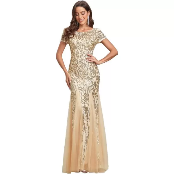 EverPretty Womens Grogeous Round Neckline Sequin Bodycon Mermaid Evening Dress with Sleeves 01808Gold