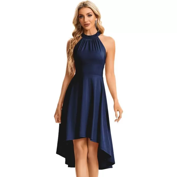 EverPretty Womens Halter Neck Pleated Sleeveless High Low ALine Midi Cocktail Dresses 01782Navy Blue