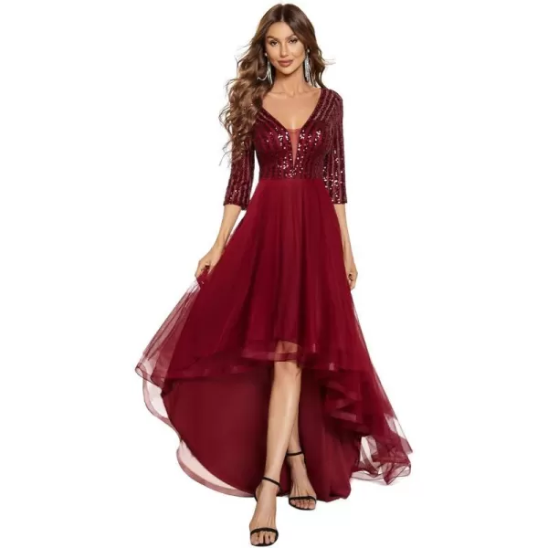 EverPretty Womens High Low ALine Sequin 34 Sleeve Tulle Evening Party Dress 50172Burgundy