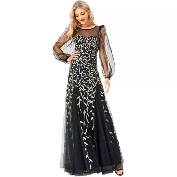 EverPretty Womens Illusion Neckline Sequin Embroidery Maxi Evening Party Dress 0086ABlack