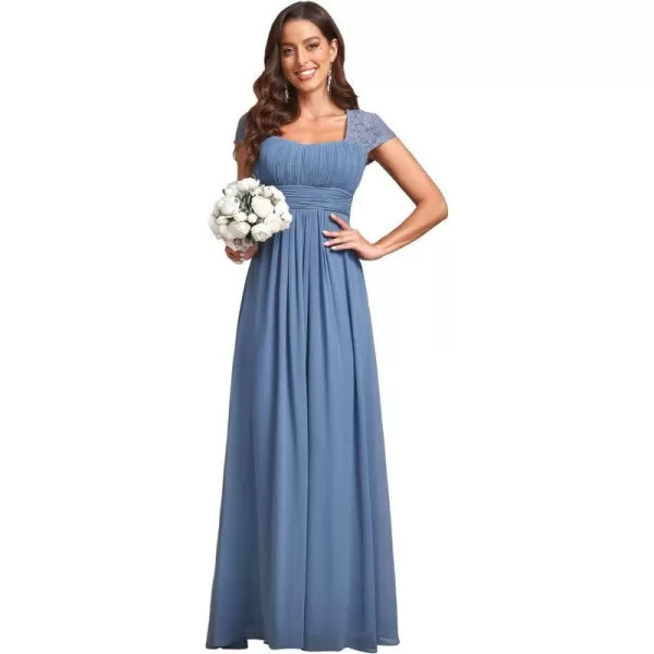 EverPretty Womens Lace Cap Sleeve ALine Chiffon Long Bridesmaid Dresses 80152Haze Blue