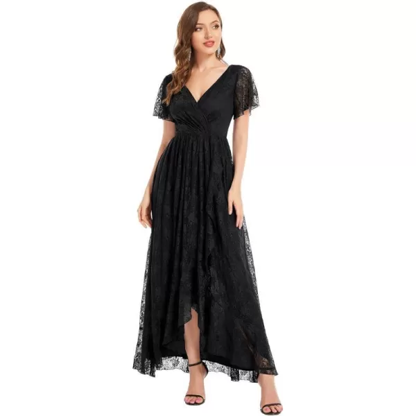 EverPretty Womens Lace V Neck Ruffles Sleeves Pleated Empire Waist ALine Maxi Formal Dresses 01489Black