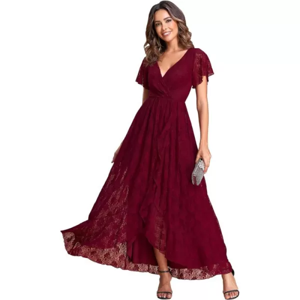 EverPretty Womens Lace V Neck Ruffles Sleeves Pleated Empire Waist ALine Maxi Formal Dresses 01489Burgundy