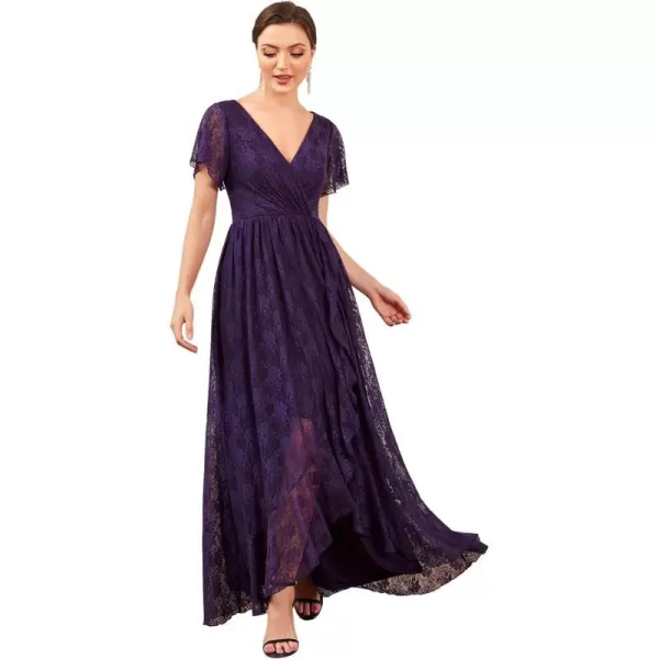 EverPretty Womens Lace V Neck Ruffles Sleeves Pleated Empire Waist ALine Maxi Formal Dresses 01489Dark Purple