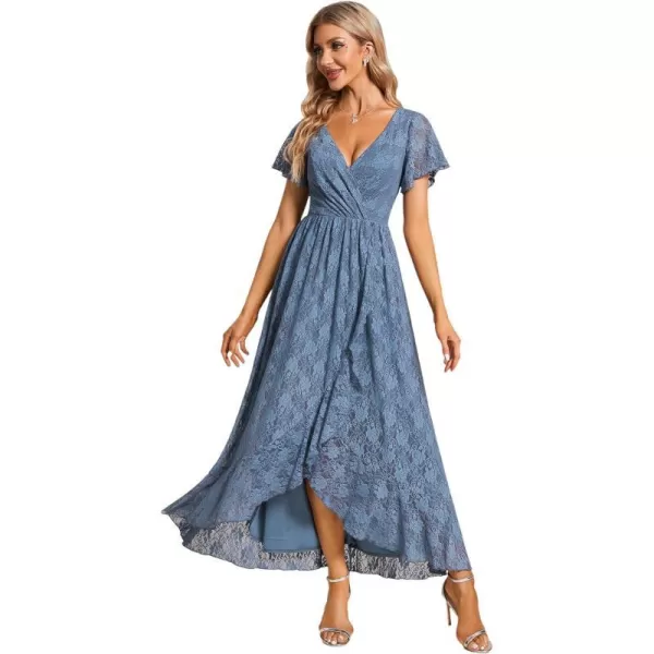 EverPretty Womens Lace V Neck Ruffles Sleeves Pleated Empire Waist ALine Maxi Formal Dresses 01489Dusty Navy