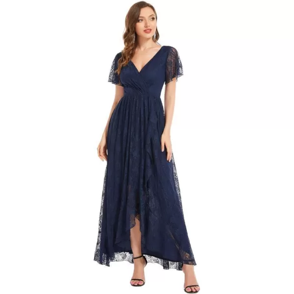 EverPretty Womens Lace V Neck Ruffles Sleeves Pleated Empire Waist ALine Maxi Formal Dresses 01489Navy Blue