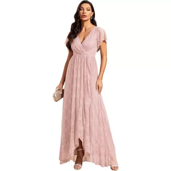 EverPretty Womens Lace V Neck Ruffles Sleeves Pleated Empire Waist ALine Maxi Formal Dresses 01489Pink