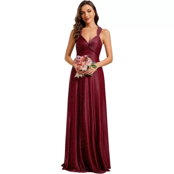 EverPretty Womens LaceUP Ruched Bust Glitter ALine FloorLength Formal Evening Dresses 01919Burgundy