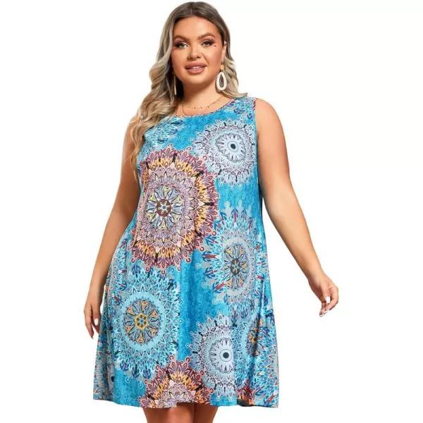 EverPretty Womens Loose Summer Round Neck Sleeveless Bohemian Dress Tshirt Dress Curve Sundresses 01825PZBohemian Light Blue