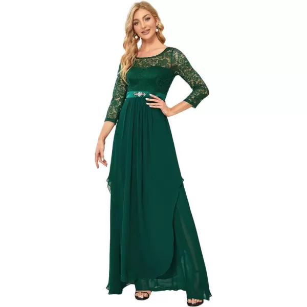 EverPretty Womens Maxi ALine Chiffon Long Sleeve Lace Formal Evening Party Dress 0759Dark Green