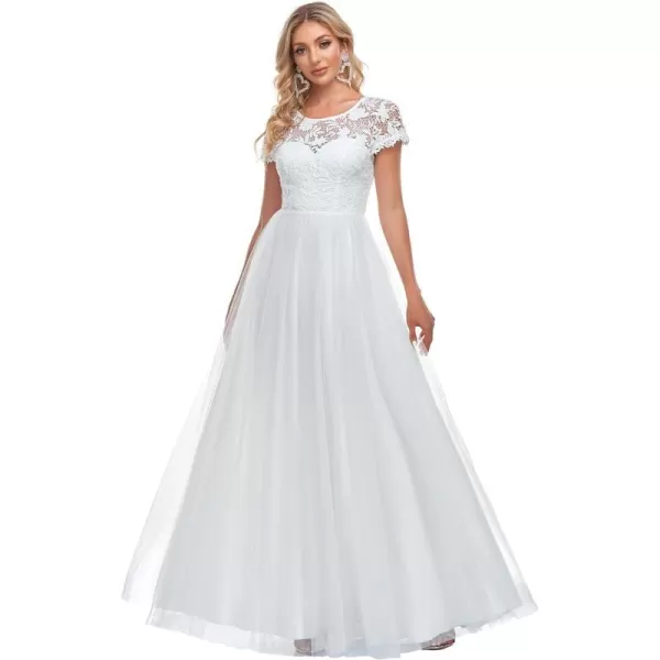 EverPretty Womens Maxi Floral Lace Short Sleeves Round Neck Tulle ALine Wedding Dress 0117BWhite