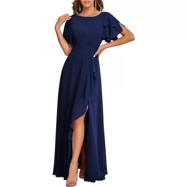 EverPretty Womens Maxi Round Neck Chiffon Side Slit Ruched Mother of The Bride Dress 70115Navy Blue