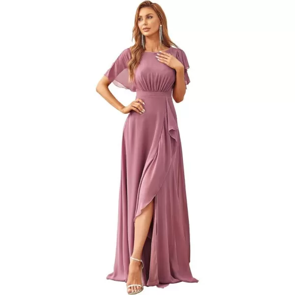 EverPretty Womens Maxi Round Neck Chiffon Side Slit Ruched Mother of The Bride Dress 70115Orchid