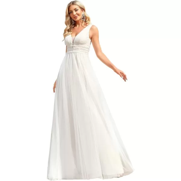 EverPretty Womens Maxi Sleeveless Double VNeck Lace ALine Ruched Tulle Wedding Dresses 0096AWhite