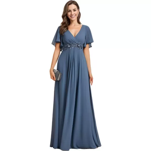 EverPretty Womens Mothers Dress Chiffon V Neck A Line Appliques Waist Formal Dresses 01960Dusty Navy