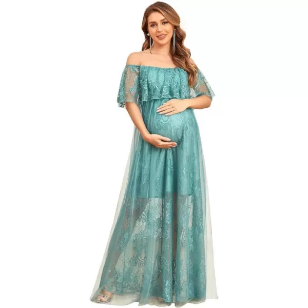 EverPretty Womens Off Shoulder Lace Short Ruffle Sleeves Tulle Maxi Maternity Party Dress 20029Demin Blue