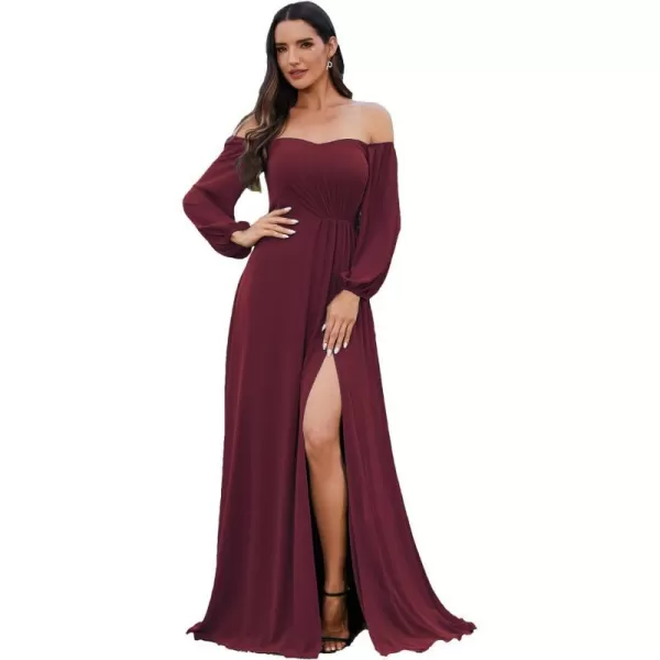 EverPretty Womens Off Shoulder Lantern Sleeves A Line Split Maxi Bridesmaid Dresses S0002Burgundy