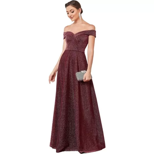 EverPretty Womens Off Shoulder Open Back Empire Waist Glitter ALine Floor Length Evening Dresses 01416Burgundy