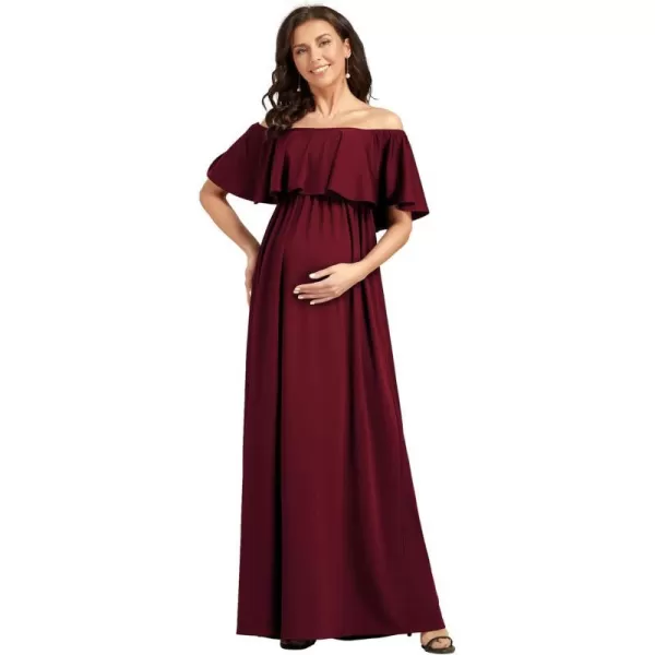 EverPretty Womens Off Shoulder Puff Sleeve Ruched Waist A Line Floor Length Maternity Casual Dress 01802EYBurgundy