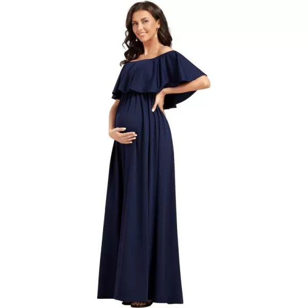 EverPretty Womens Off Shoulder Puff Sleeve Ruched Waist A Line Floor Length Maternity Casual Dress 01802EYNavy Blue