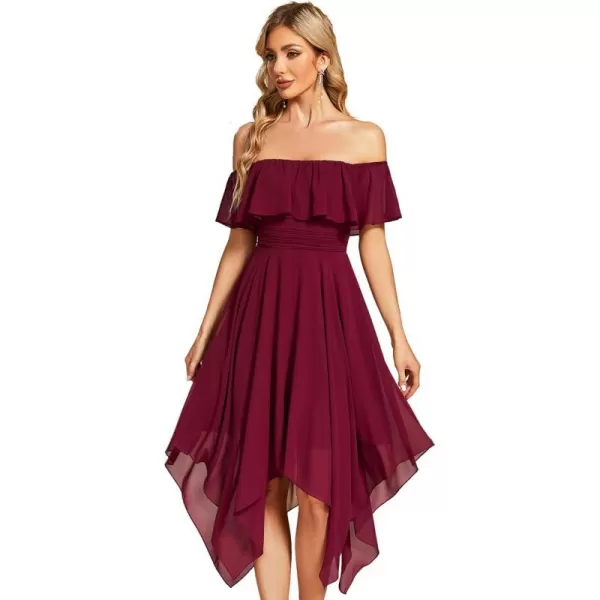 EverPretty Womens Off Shoulder Ruffle Sleeve Asymmetric Hem Chiffon Midi Wedding Guest Dresses for Women 01734Burgundy