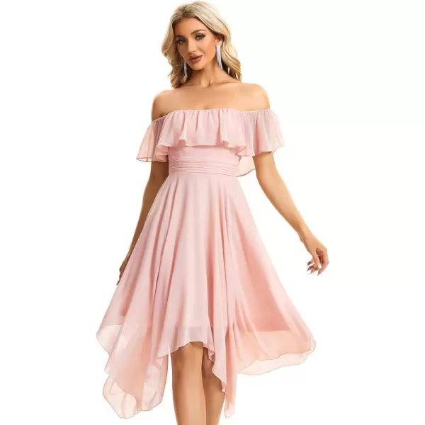 EverPretty Womens Off Shoulder Ruffle Sleeve Asymmetric Hem Chiffon Midi Wedding Guest Dresses for Women 01734Pink