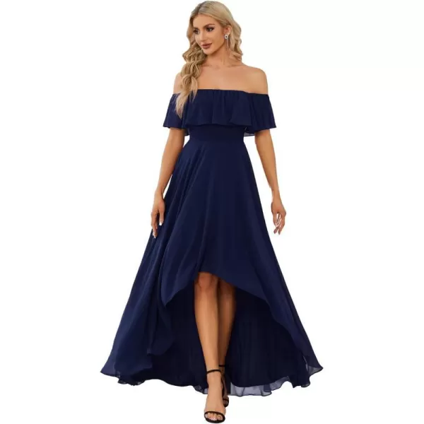 EverPretty Womens Off Shoulder Ruffle Sleeve High Low Chiffon Summer Formal Wedding Guest Dress 01736Navy Blue