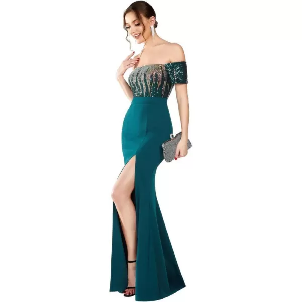 EverPretty Womens Off Shoulder Strapless Sequin Top Mermaid High Slit Maxi Evening Party Dresses 01606Teal