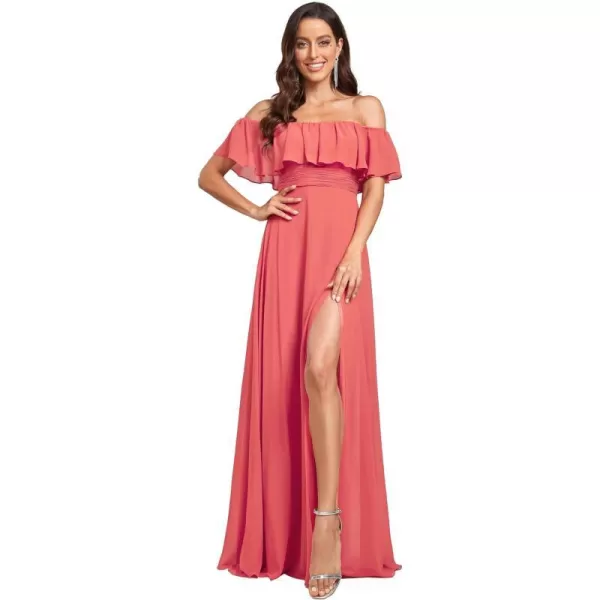 EverPretty Womens Off The Shoulder Bridesmaid Dresses Side Split Beach Maxi Formal Dress 00968Coral