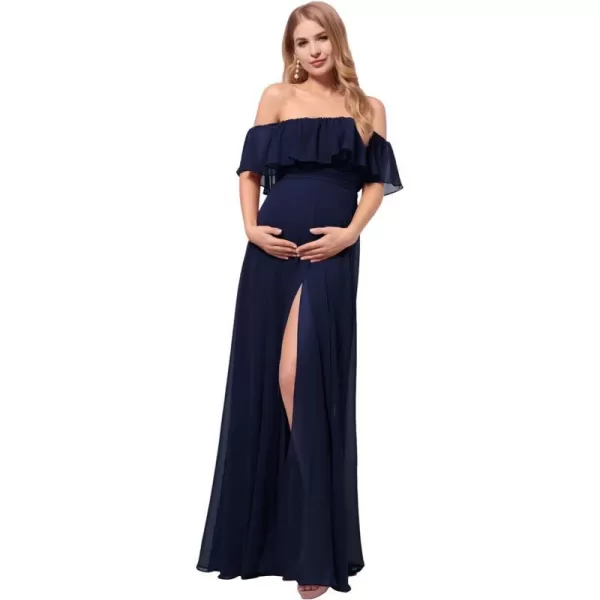 EverPretty Womens OffShoulder Side Slit Long Chiffon Ruffle Pregnancy Party Dress Maternity Photography Dresses 0968EYNavy