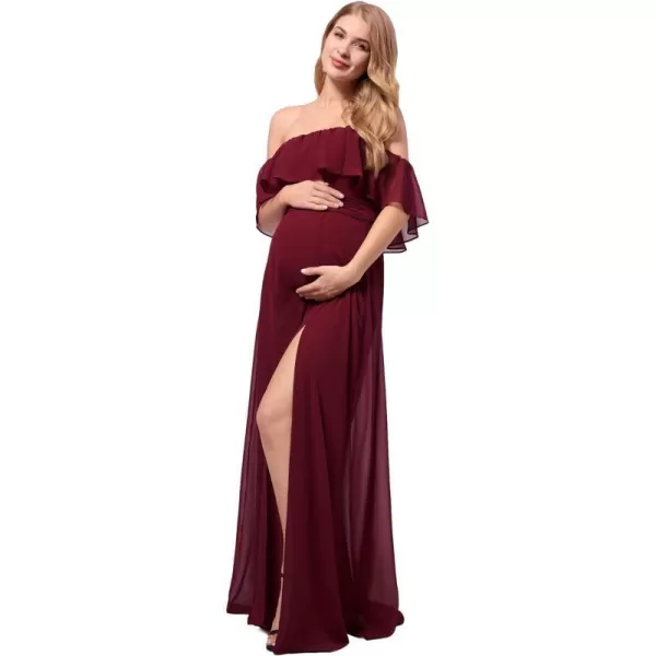 EverPretty Womens Offshoulder Side Slit Long Chiffon Ruffle Pregnancy Party Dress Maternity Photography Dresses 0968EYBurgundy