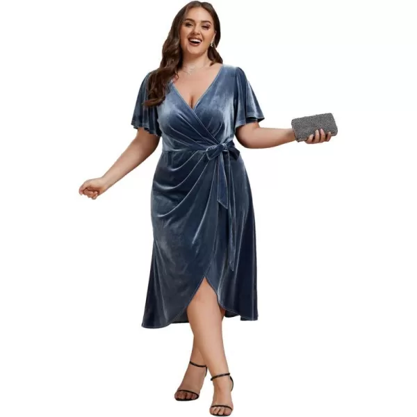 EverPretty Womens One Piece V Neck Ruffled Sleeves Velvet Plus Size Wedding Guest Dress 01964DADusty Navy