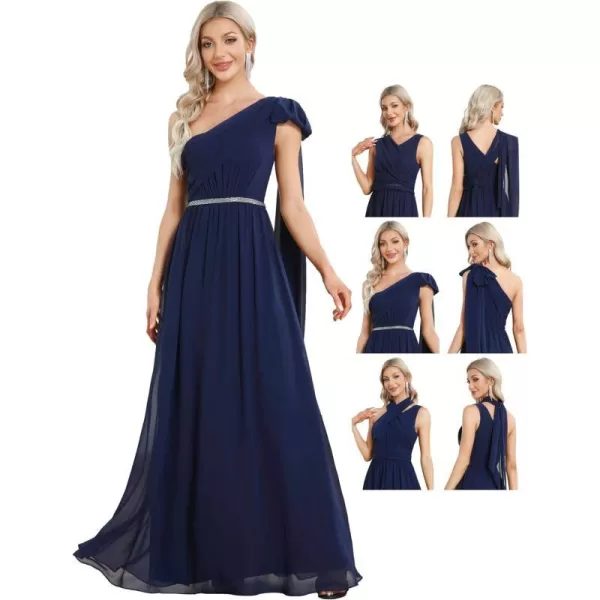 EverPretty Womens One Shoulder Pleated ALine Long Convertible Bridesmaid Dresses 01558Navy Blue