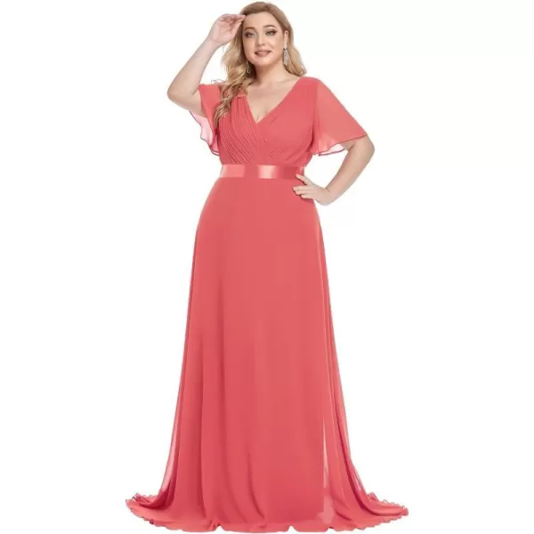 EverPretty Womens One Shoulder Ruched Empire Waist Chiffon Maxi Plus Size Bridesmaid Dresses 09816PZUSACoral