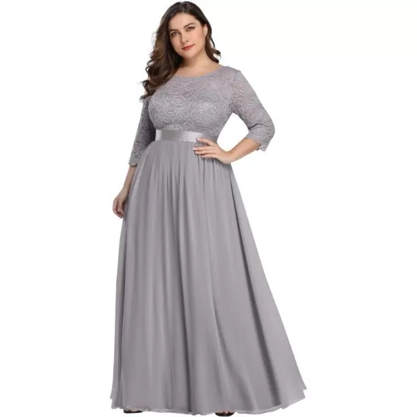 EverPretty Womens Plus Size ALine 34 Lace Sleeves Chiffon Long Formal Evening Party Maxi Dress 7412PZGrey