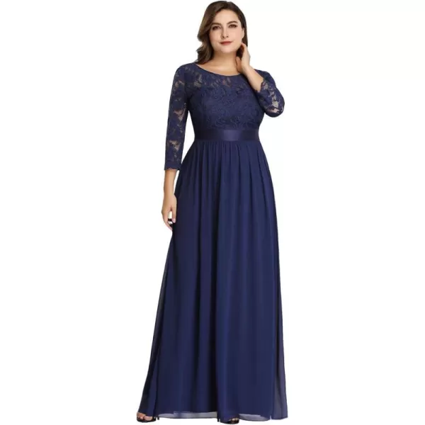 EverPretty Womens Plus Size ALine 34 Lace Sleeves Chiffon Long Formal Evening Party Maxi Dress 7412PZNavy Blue