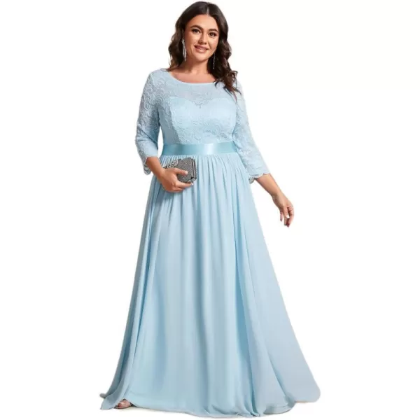 EverPretty Womens Plus Size ALine 34 Lace Sleeves Chiffon Long Maxi Formal Dresses 7412PZSky Blue