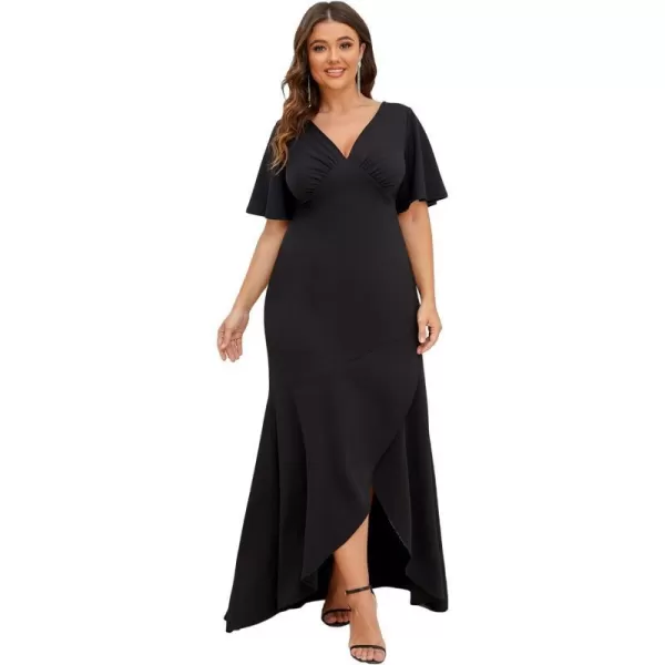 EverPretty Womens Plus Size Double VNeck Ruffle Sleeve Front Slit Maxi Formal Evening Dresses 01525PZBlack