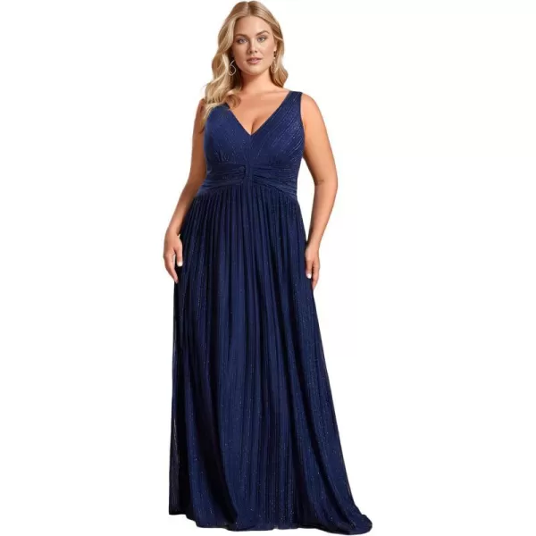 EverPretty Womens Plus Size Glitter V Neck Pleated Long Sleeve Formal Dress 02133DANavy Blue