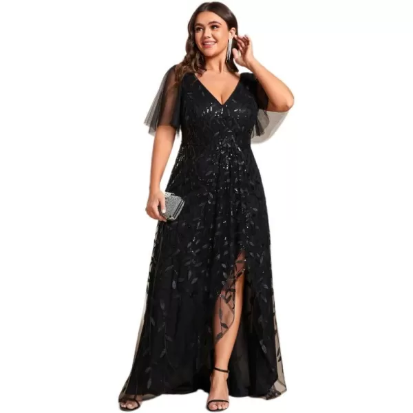 EverPretty Womens Plus Size Gorgeous A Line Sequin Embroidered Evening Dress with Sleeves 02083DABlack