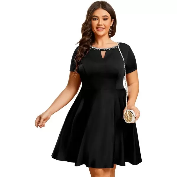 EverPretty Womens Plus Size Rrhinestone Neckline Short Sleeves ALine Mini Causal Dresses 01792PZBlack