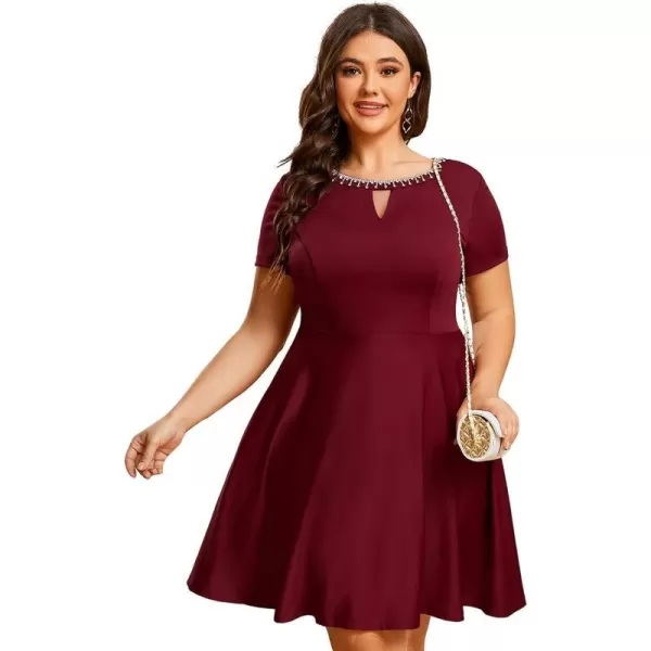 EverPretty Womens Plus Size Rrhinestone Neckline Short Sleeves ALine Mini Causal Dresses 01792PZBurgundy