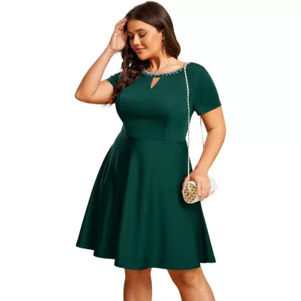 EverPretty Womens Plus Size Rrhinestone Neckline Short Sleeves ALine Mini Causal Dresses 01792PZDark Green