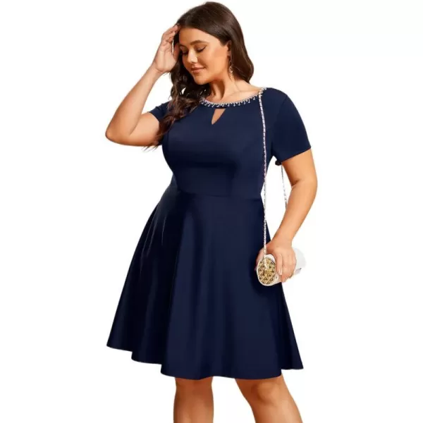 EverPretty Womens Plus Size Rrhinestone Neckline Short Sleeves ALine Mini Causal Dresses 01792PZNavy Blue