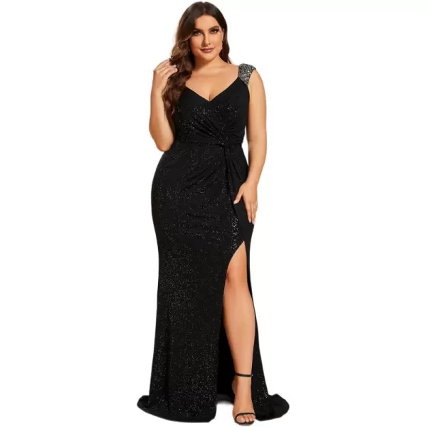 EverPretty Womens Plus Size Sequin Decoration VNeck High Slit Glitter Mermaid Evening Dresses 01888DABlack