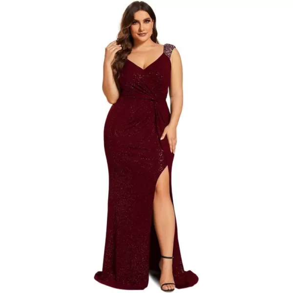 EverPretty Womens Plus Size Sequin Decoration VNeck High Slit Glitter Mermaid Evening Dresses 01888DABurgundy