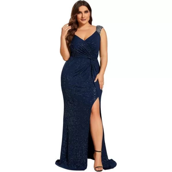 EverPretty Womens Plus Size Sequin Decoration VNeck High Slit Glitter Mermaid Evening Dresses 01888DANavy Blue