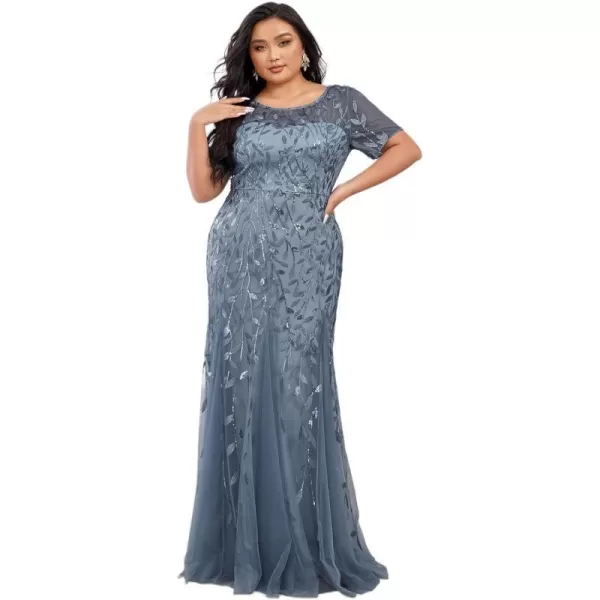 EverPretty Womens Plus Size Sequin Short Sleeves Embroidery Mermaid Maxi Evening Dress 07707PZUSAHaze Blue